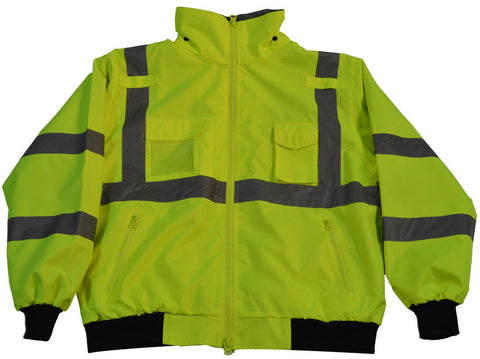 Petra Roc LBJ-C3-3X Waterproof Safety Bomber Jacket High-Vis Lime ANSI Class 3, with Removable Fleece Liner & Roll Away Hood, 3X