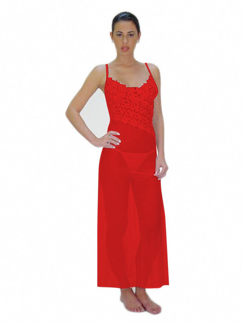 Sheer Fabric Gown with Angle-Cut Lace Bodice and Matching Thong - Red - Large