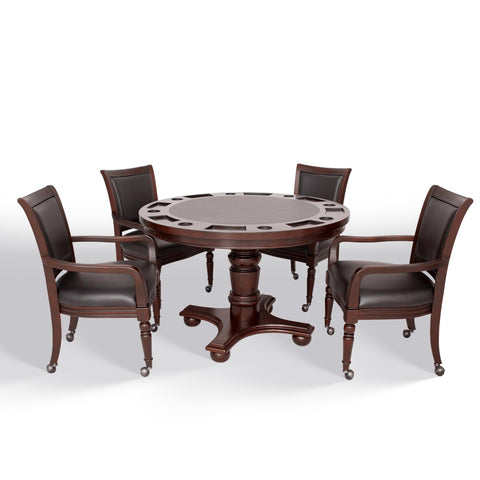 Hathaway Bridgeport 2 in 1 Round Poker Table and Chairs Set for Dining & Game Rooms – Furniture Grade Hardwood, Sturdy Pedestal Legs, Drink Holders, Chip Slots – Includes 4 Poker Table Chairs - Walnut