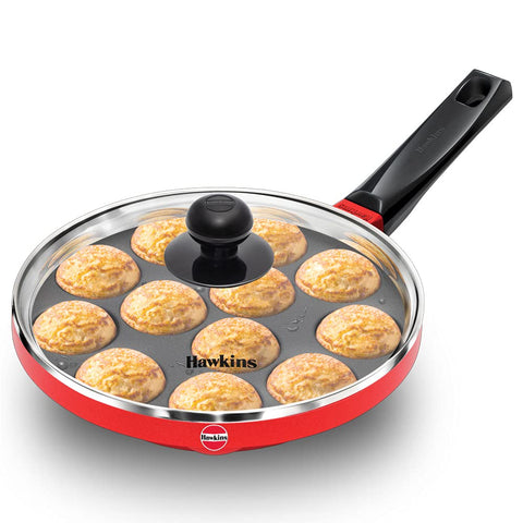 Hawkins Nonstick Appe Pan with Glass Lid, 12 Cups, Diameter 20 cm, Black, Cast Aluminium, Red