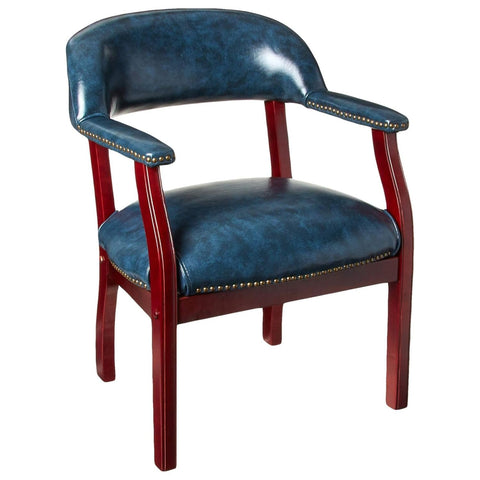 Oakestry Executive Office Captain Chair Blue Vinyl Upholstered Ivy League Style Classic Wooden Frame Durable Hardwood Armrests Polished Mahogany Finish Button Tufted Backrest Brass Nailhead Trim