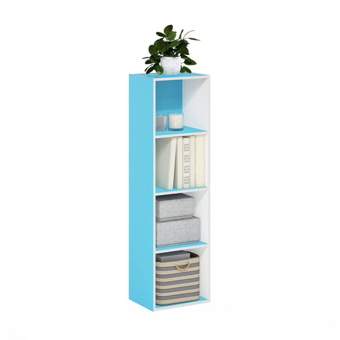 Furinno PASIR Book Shelf, 4-Tier Modern Bookshelf, Open Shelves Bookcase 9 x 12 x 42, Easy Assembly, for Living Room, Bedroom, Home Office, Light Blue/White