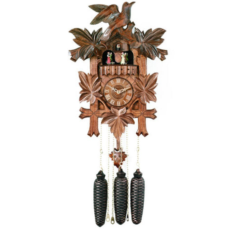 River City Clocks 16" Eight Day Mechanical Musical Cuckoo Dancers, Five Hand-Carved Birds and Maple Leaves Wall Clock, Brown