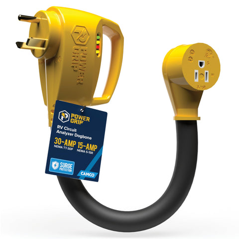 Camco Power Grip RV 12" 30-Amp Circuit Analyzer Dogbone - Features Integrated Surge Protection & Fault Indication, 12", 30-Amp Male to 15-Amp Female, 125V / 1875W (55461)