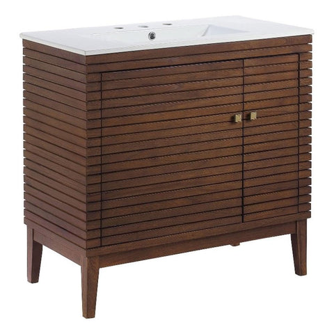 Modway Ledger Wood Bathroom Vanity Cabinet, 36 Inch, Walnut White