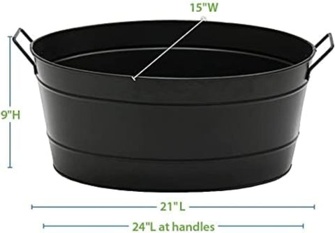 Black Oval Tub Galvanized Steel with Powder Coat Finish Firewood Holder Beverage Chiller Portable Storage Bin with Sturdy Handles for Easy Carrying Ideal for Parties Gatherings and Home Use