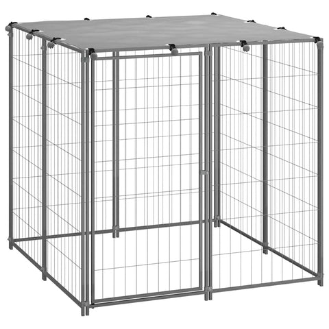 vidaXL Outdoor Dog Kennel, Large Dog Crate with Lockable Door, Dog Cage with Roof for Training Exercising, Puppy Playpen for Garden, Silver Steel