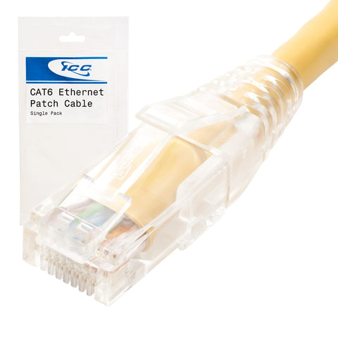 ICC CAT6 Ethernet Patch Cord with Clear Boot Strain Relief, RJ45, Stranded, 550 MHz, UTP, Pure Bare Copper Wire, 24 AWG, LAN Network Patch Cable, Yellow, 7 FT, Single