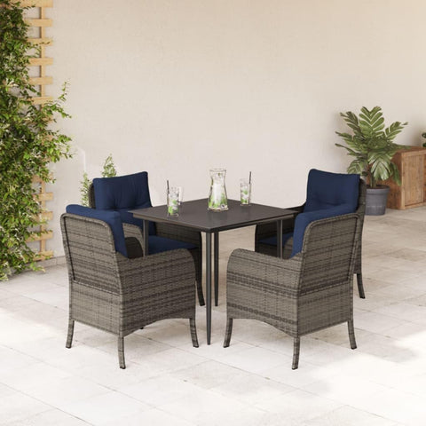 vidaXL 3Pc Patio Dining Set - Gray Poly Rattan w/Cushions, Tempered Glass Table, UV- for Garden & Outdoor Use
