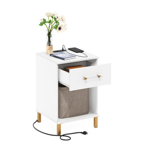 Furinno TIDUR Side Table, Modern Drawer End Table with Charging Station, Night Stand, Bedside Table with USB and Type-C Charging Port, for Living Room, Bedroom, White