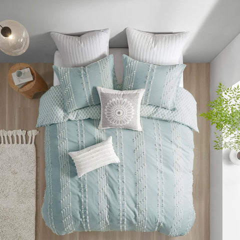 Oakestry Chic Boho Cozy Comforter Set All Season Cozy Bedding with Matching Shams 100% Cotton Jacquard Comforter Set, Full/Queen, Aqua Reversible Stripes
