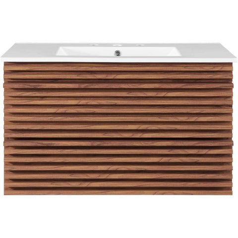Oakestry 36-Inch Wall-Mount Bathroom Vanity Walnut White Floating Sink Cabinet with Soft-Close Drawers for Modern Bathroom Design