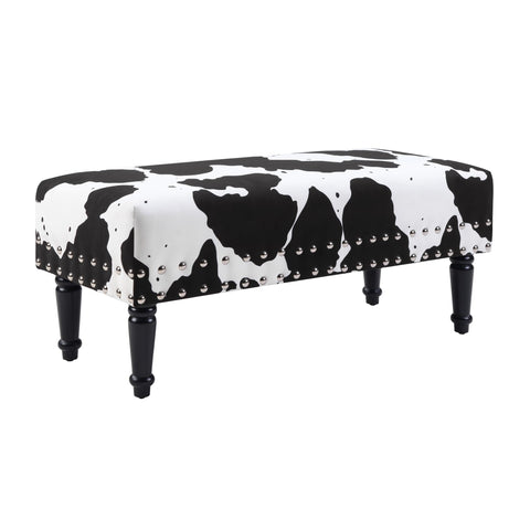 Convenience Concepts Designs4Comfort Cow Print Bench Ottoman 40" - Farmhouse, Rustic Wide Upholstered Footstool & Seat, for Living Room, Bedroom, Hallway & Entryway, Black Fabric