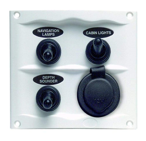 BEP 900-3WPS Splash Proof Switch Panel, 3 Gang W/ 12V Power Socket, White