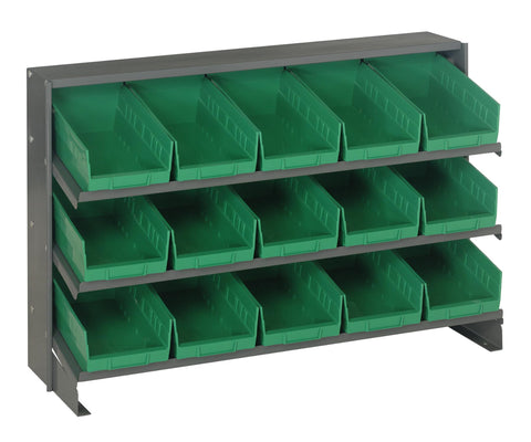 Quantum QPRHA-102GN Sloped Quickpick Cart | Bench Style Mobile Storage Rack for Industrial Display | (15) QSB102 Green Bins; (3) Shelves | 250 lbs Capacity, 12.5"L x 36"W x 23"H, Gray, Carbon Steel