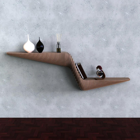 Parametric 57 inch Floating Shelf TV Unit Modern Geometric Wooden Wall Piece Decor Natural Oak Color 3D Wavy Living and Gaming Room Shelf