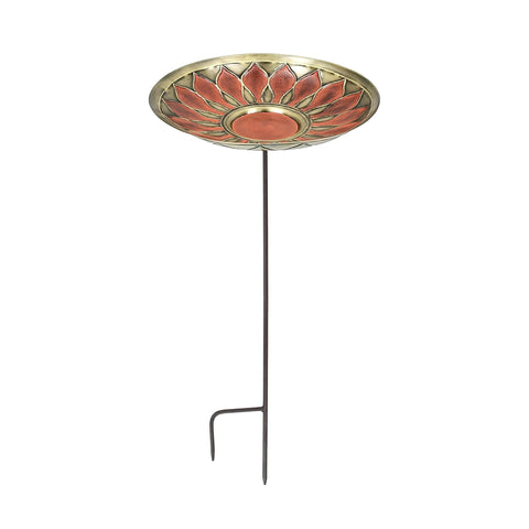 Oakestry African Daisy Stake Red Birdbath Antique Patina Finish Outdoor Garden Decorative Wildlife Water Bowl Yard Lawn Patio