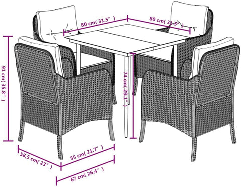 vidaXL 3Pc Patio Dining Set - Gray Poly Rattan w/Cushions, Tempered Glass Table, UV- for Garden & Outdoor Use