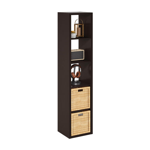 Furinno Cubicle Book Shelf, 5-Cube Bookshelf, Extra Thick Horizontally & Vertically Reversible Bookcase with Open Back, 14.6" x 16" x 72", for Living Room, Bedroom, Home Office, Black Dark Oak