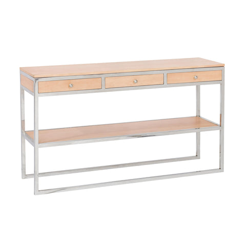 Pasargad Home Oren Modern Console Table, Cream Wood Top with Silver Stainless Steel Frame, 3 Drawers and Open Shelf, 55” Entryway Sofa Table
