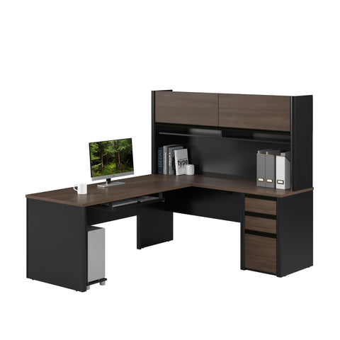 Bestar L Shaped Desk with Drawers, Hutch, and Keyboard Tray, Executive Workstation for Home or Professional Office, 72 Inches, Connexion Collection, Antigua and Black