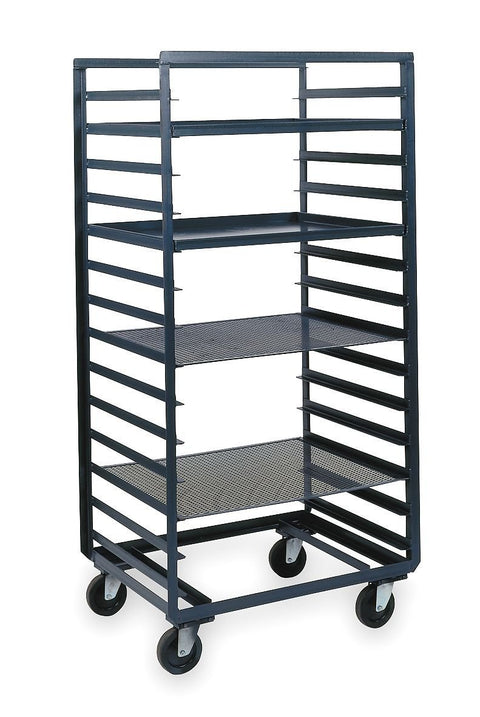Pan & Tray Truck With 5 Inch X 1-1/4 Inch Polyurethane Bolt-On Casters (4) Swivel With Side Brakes 9 Trays And 6 Inch Spacing Between Shelves Gray