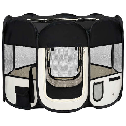 vidaXL Dog Playpen Black and Cream Polyester, Steel 35.4x35.4x22.8 in