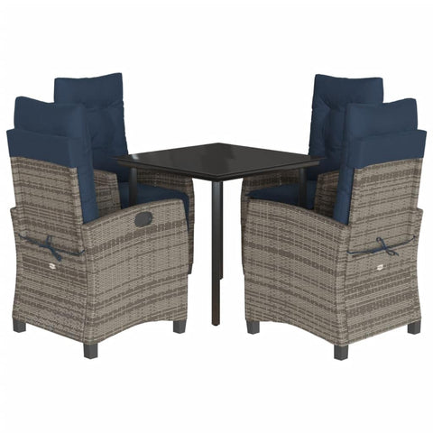 vidaXL 5-Piece Outdoor Patio Dining Set - Gray Poly Rattan Chairs with Adjustable Backrest, Tempered Glass Square Table, Padded Navy Cushions