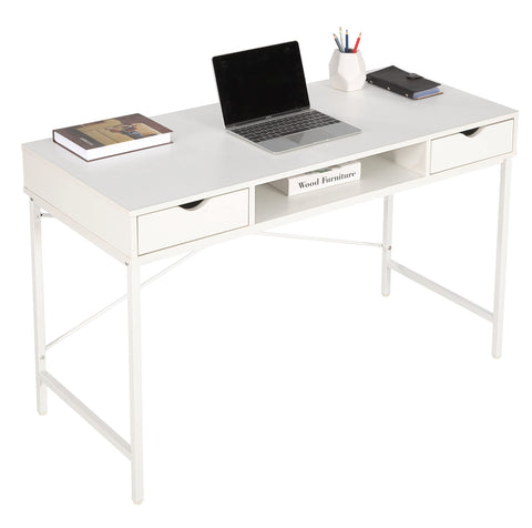 JJS 48' Writing Desk with Drawers, Contemporary Home Office Large Computer Laptop Workstation with Storage, White Drawer