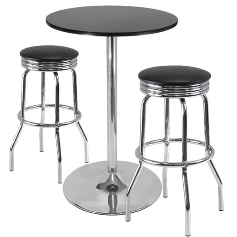 Oakestry Modern 3-Piece Pub Set with Round Black Bar Table and Two Swivel Stools – Metal Frame, PVC Seats, Contemporary High Dining Furniture