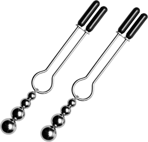 Master Series Adorn Triple Bead Nipple Clamp Set – Adjustable Tweezer-Style Clamps with Soft Vinyl Tips & Weighted Beads – Sensory Play for Couples, BDSM, & Erotic Exploration