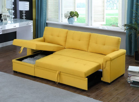 Lilola Home Lucca 84" Reversible Sleeper Sectional Sofa with Pull-Out Bed & Storage Chaise, Yellow Linen Fabric, Tufted Back, Modern Compact Couch for Living Room, Easy Assembly