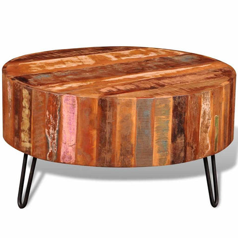 vidaXL Coffee Table, Round Center Table, Solid Reclaimed Wood, Iron Legs, Fully Handmade, Multicolor, Living Room, 27.6" Diameter x 15.0"