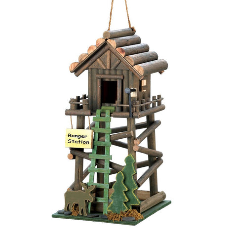 Ranger Station Cabin Birdhouse with Moose, Pine Tree and Ladder