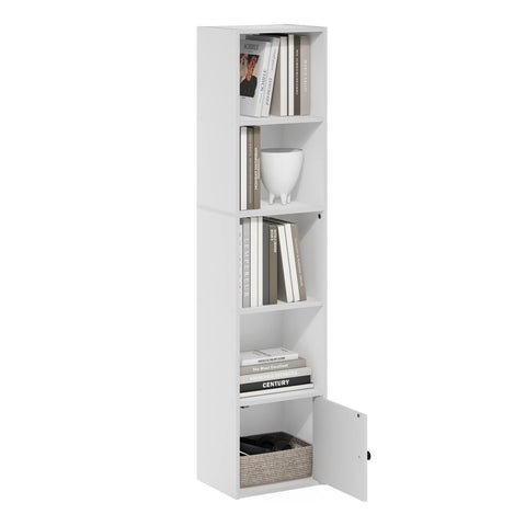 Furinno LUDER Book Shelf, 5-Tier Modern Bookshelf, Bookcase with 1 Door Storage Cabinet, 9.3 x 12 x 52, for Organization and Storage, for Living Room, Bedroom, Home Office, White