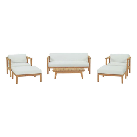 Modway EEI-3109-NAT-WHI-SET Bayport Outdoor Patio Teak Set, Two Armchairs, Two Ottoman, Loveseat, and Coffee Table, Natural White