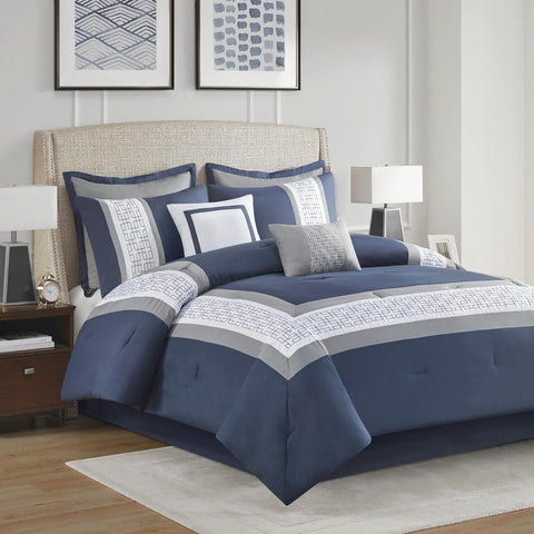 Oakestry 8Pc Powell Cozy Comforter Set All Season Soft Lightweight Warm Bedding with Matching Sham Decorative Pillow Bedskirt, Cal King(104"x92"), Navy