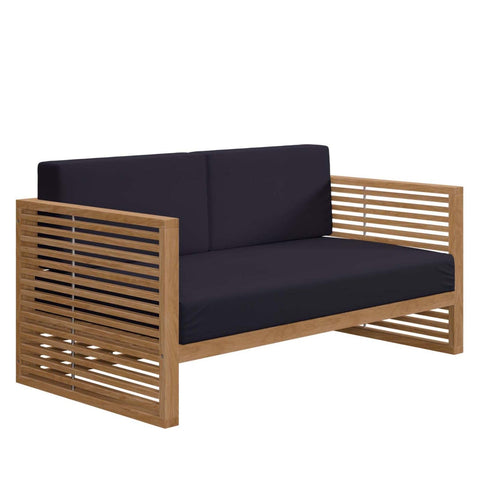 Modway Carlsbad Modern Teak Wood/Fabric Patio Loveseat in Navy/Natural