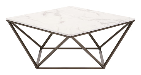 Tintern Coffee Table White & Antique Bronze, White Coffee Table, Modern Style, Faux Marble Composite Stone Square Shape Tabletop, Steel, Indoor Living, 36" W x 36" D x 16.5" H