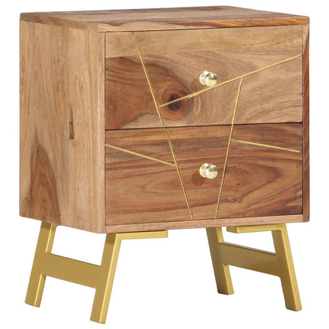 vidaXL Solid Wood Bedside Cabinet with 2 Drawers, Brass Steel Legs, ic Design and Easy to Assemble, Bedroom or Living Room Storage Nightstand