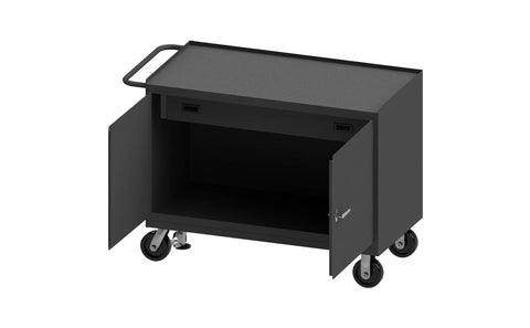 Mobile Bench Cabinet With 6 Inch X 2 Inch Phenolic Casters (2) Rigid And (2) Swivel 1 Shelf 1 Drawer And 2 Doors Black Rubber Mat Top Work Surface And Floor Lock With Tubular Push Handle Gray