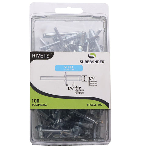 Surebonder Short Steel Blind Rivets Durable, High-Strength for Industrial and Home Use - 1/4" Diameter, 1/4" Grip - 100 Count (FPC84S-100)