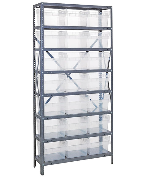 Quantum Storage Systems 1875-SB810CL Solid Heavy Duty 8 Shelves 21 STORE-MAX Clear Bins 75" H x 36" W x 18" D