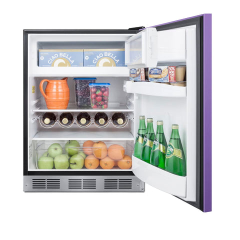 ADA height 24 refrigerator-freezer for residential use with lavender purple door stainless steel handle and black cabinet