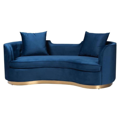 Oakestry Deserae Glam Luxe Navy Blue Velvet Sofa with Brushed Gold Metal Frame Elegant Modern Living Room Furniture Plush Upholstery Stylish Statement Seating Contemporary Comfort Durable Design