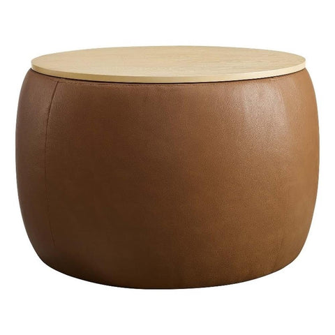 Modway Perla 26 Inch Round Storage Ottoman with Tray Lid in Tan - Vegan Leather Ottoman - Versatile Footrest - Coffee Table - Faux Leather Side Table - Hidden Storage Compartment for Living Room