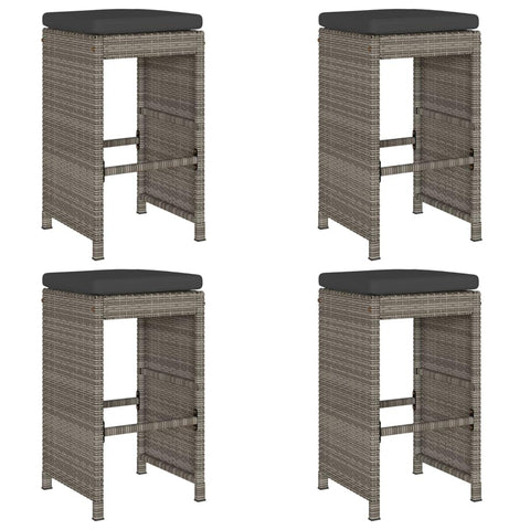 vidaXL Gray Patio Bar Stools with Cushions 4 pcs - Modern Poly Rattan Outdoor Garden Bar Stool, 29.9" H, UV- & Weather-, Powder-Coated Steel Frame