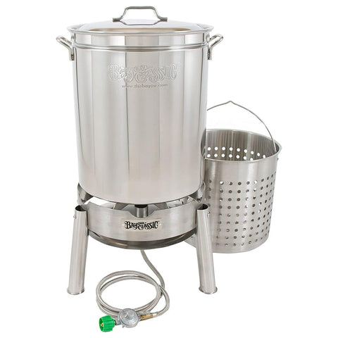 Bayou Classic 62 Quart Stainless Steel Boil and Steam Cooker Kit with Lid, Basket, Single Jet, 10 PSI Regulator, 60 Inch Hose, Silver