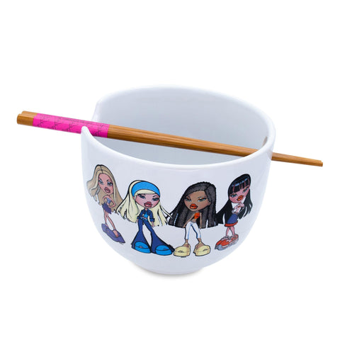 Silver Buffalo Bratz Ceramic Ramen Bowl with Chopsticks Featuring Cloe, Jade, Yasmin, and Sasha, 20 Ounces