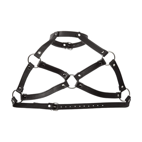 Strict Leather Harness Bra – Adjustable Open Cup BDSM Lingerie with Collar and Chrome Hardware – Genuine Leather Body Harness for Roleplay, Fetish Wear, and Bedroom Accessories